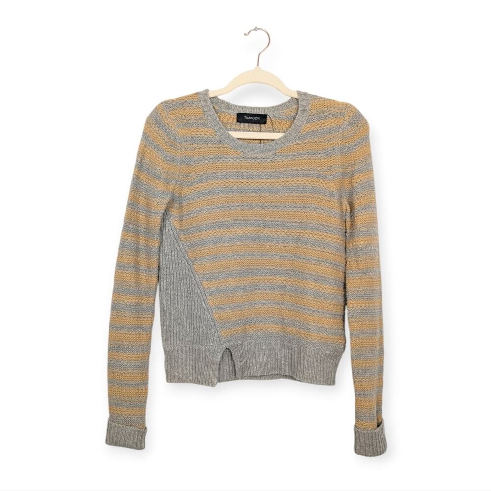 Thakoon Sweater XS Gray Camel Stripe Wool Cashmere Crewneck Knit Luxury
